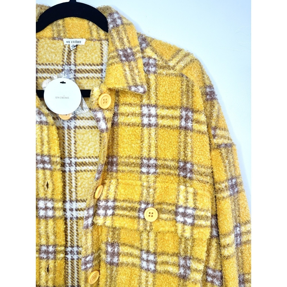 En Crème Women's Small Sherpa Shacket Jacket Plaid Oversized Mustard Streetwear - Picture 6 of 11